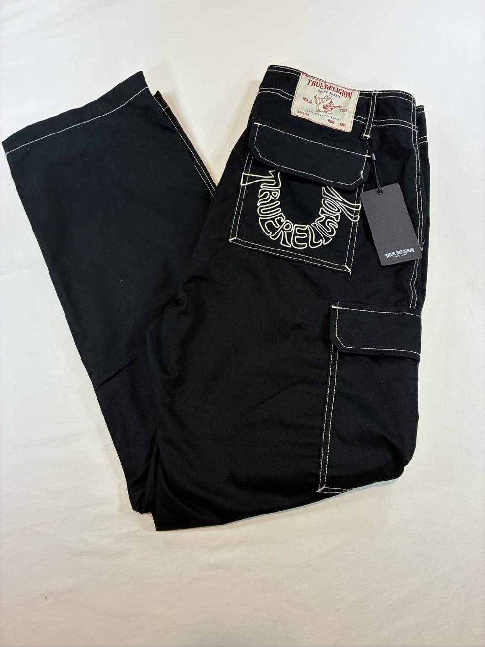 True Religion Black Cargo Pants with White Contrast Stitching